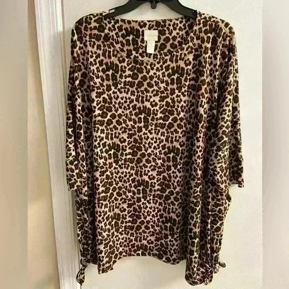 Chicos tunic top‎ leopard print crewneck tie front slouchy. Large - Picture 1 of 7